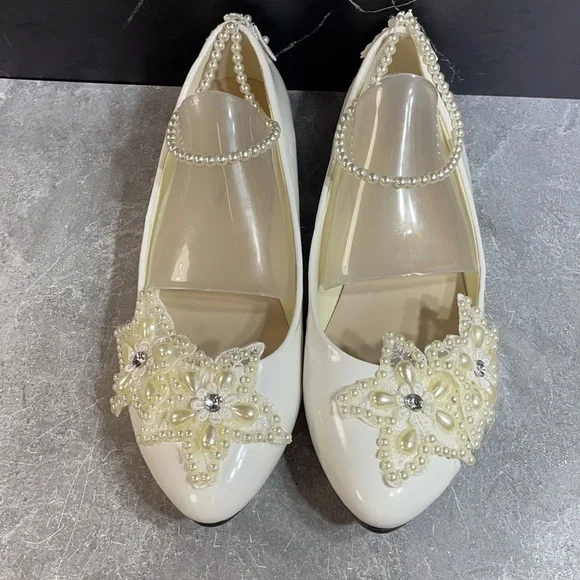 Getmorebeauty Pearl Bows Bridal Flats White Size 9.5m - Picture 6 of 8